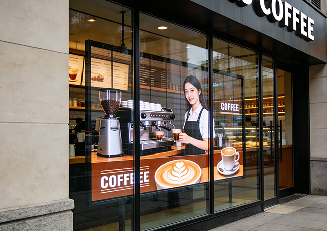 咖啡门店橱窗Micro LED<a href=https://www.yipview.cn/tmleds/ target=_blank class=infotextkey>透明屏</a>.png